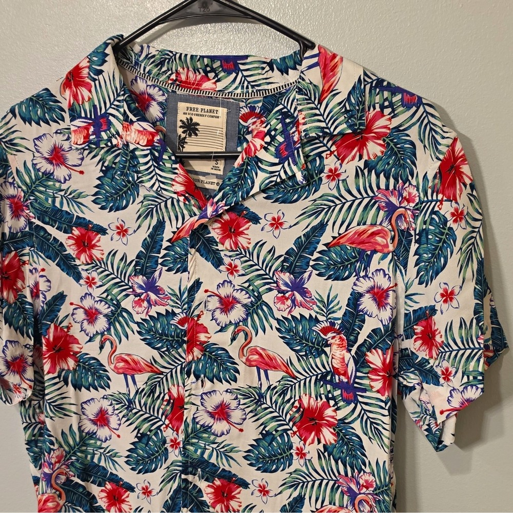 Free Planet Men's Woven Rayon SS Button-Up Tropical Floral Flamingo S #265